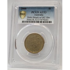 AUSTRALIA 2000 . ONE 1 DOLLAR COIN . ERROR . MULE . STRUCK ON TEN 10 CENTS